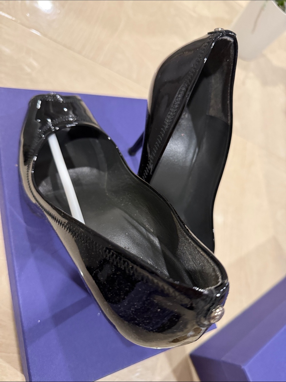 Stuart Weitzman Black Patent Peep-Toe Stiletto Heels